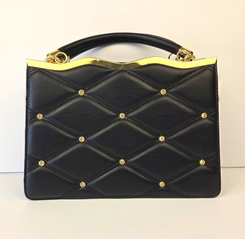 Grossi Black Quilted Rhinestone Handbag Purse Wavy Gold Frame Vintage